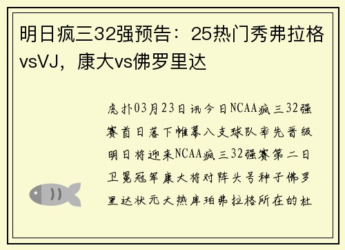 明日疯三32强预告：25热门秀弗拉格vsVJ，康大vs佛罗里达