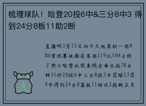 梳理球队！哈登20投6中&三分8中3 得到24分8板11助2断